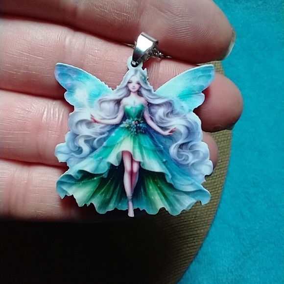 Fairy Pendant Necklace with Green and Blue Dress - Picture 1 of 3